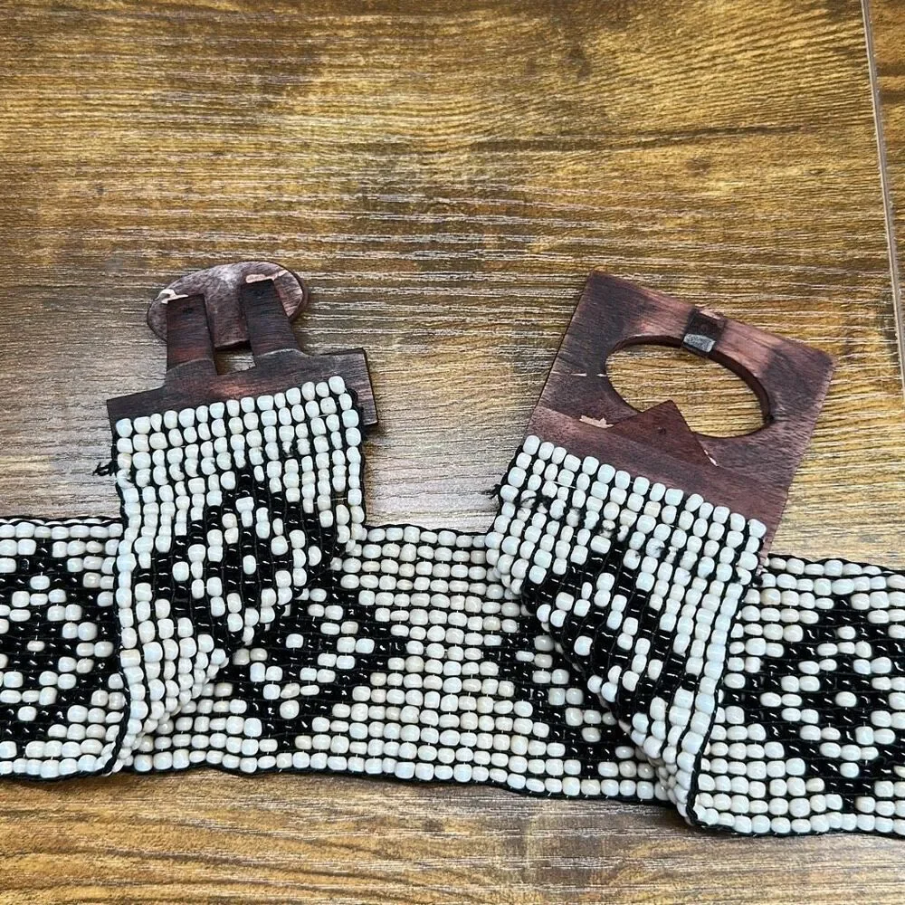 Women's Beaded Belt One Size Wide Wooden Hook Buckle Retro Boho‎ Stretch Fit